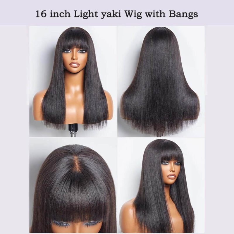 10 16 inch light yaki natural black bob wig with bangs
