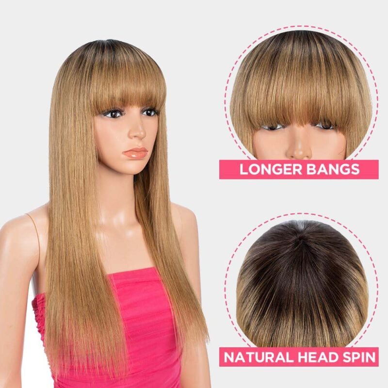 2/27 honey blonde dark roots human hair wigs with bangs