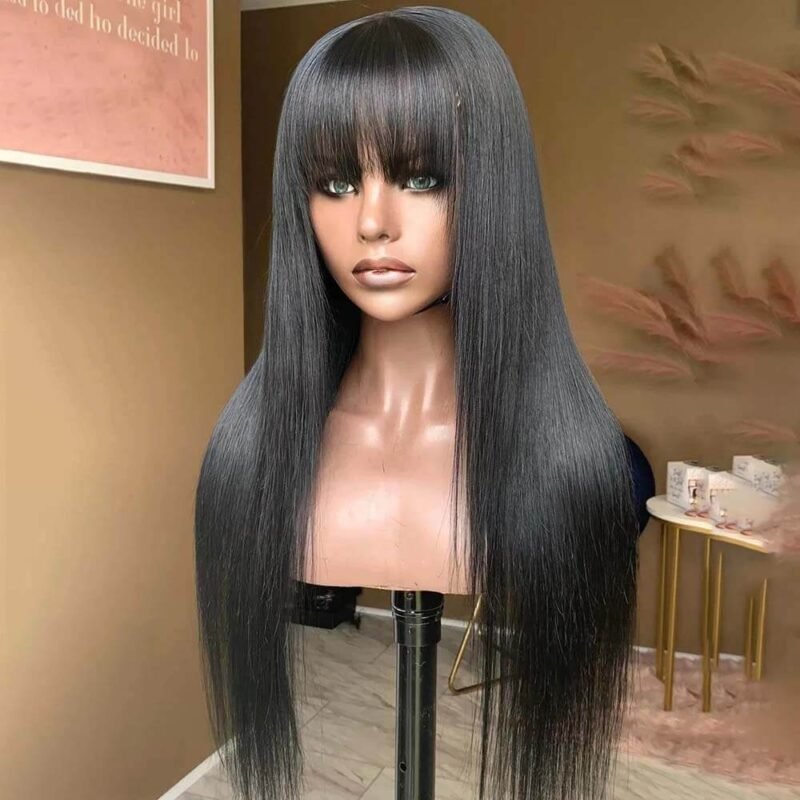long straight human hair lace front wig with bangs