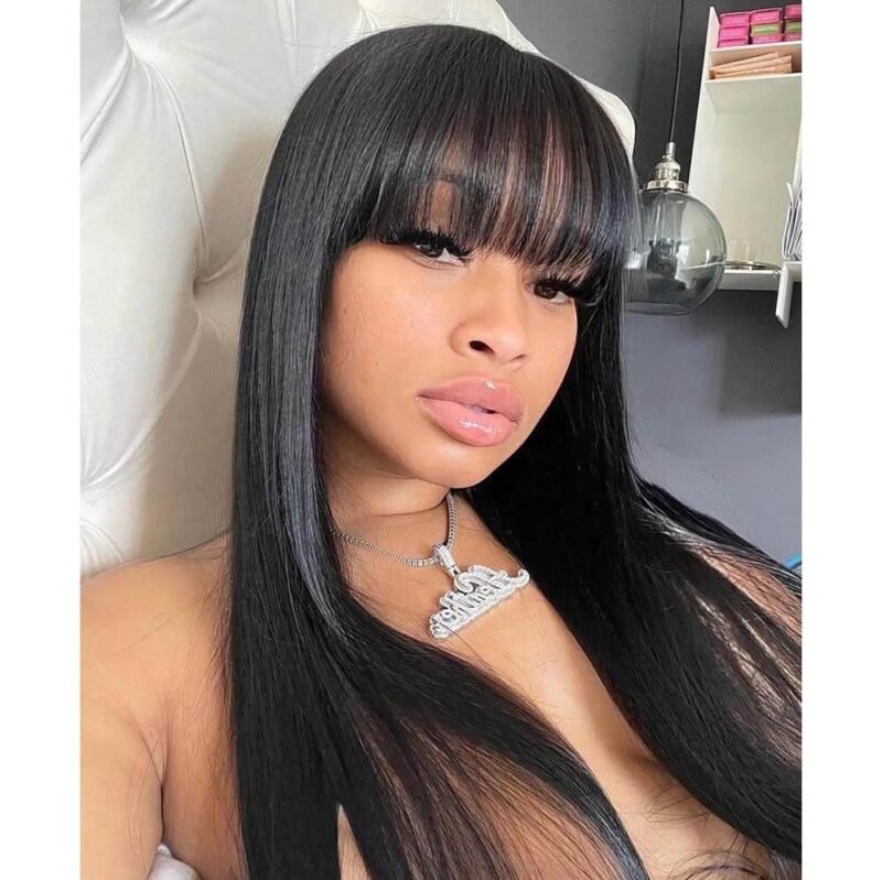 long straight human hair lace front wig with bangs