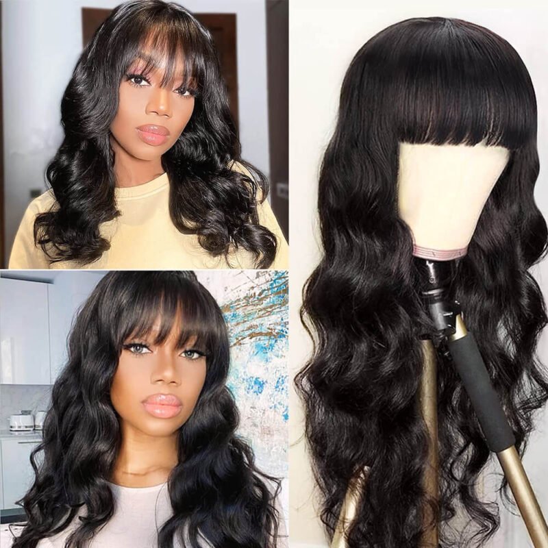 18 24 inch black body wave lace front wigs with bangs