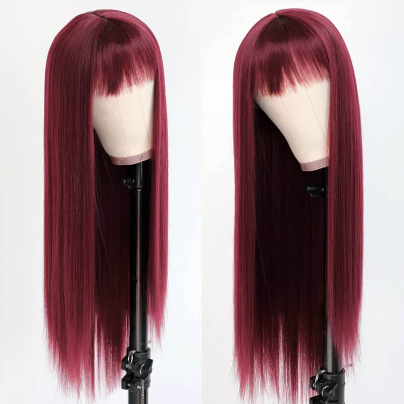 long burgundy human hair lace front wig with bangs
