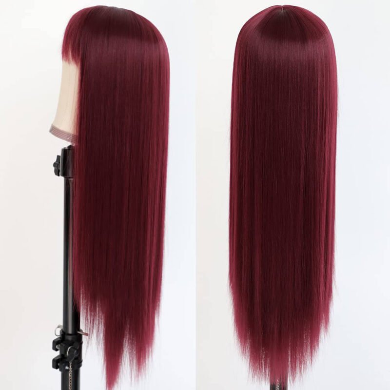 long burgundy human hair lace front wig with bangs