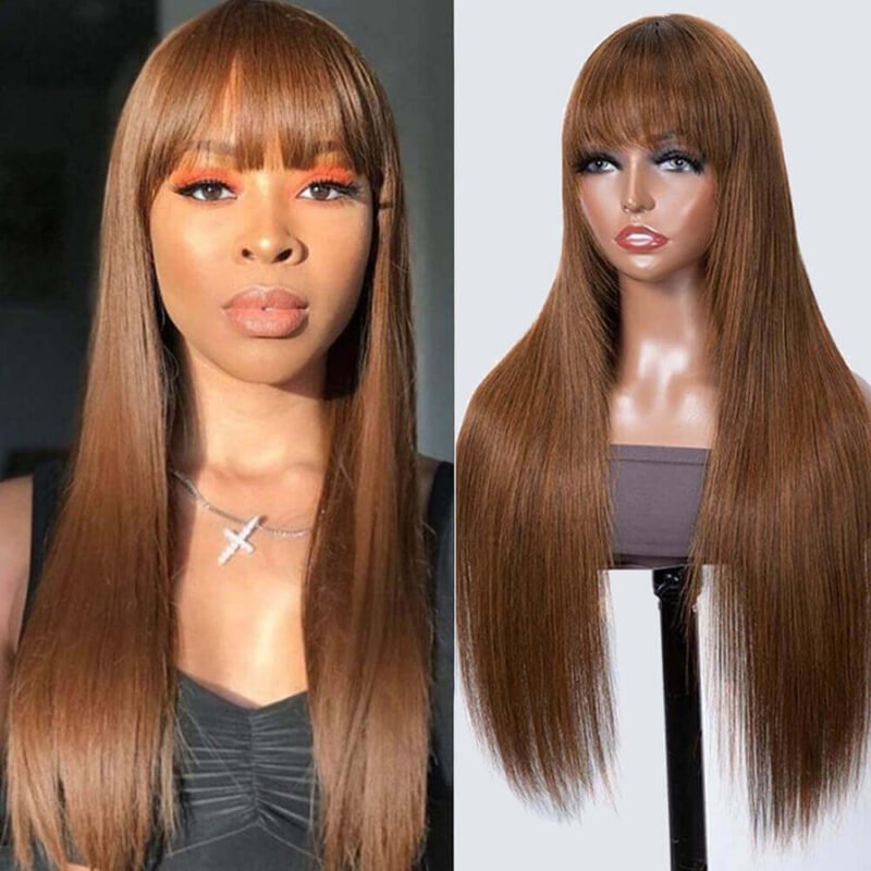 light auburn brown #30 straight lace front wig with bangs