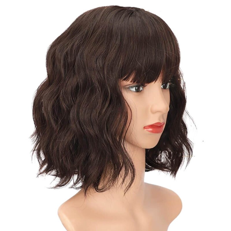 short wave dark brown lace front wig with bang