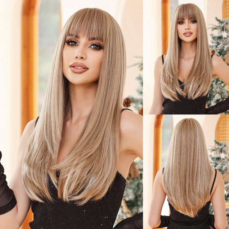 long ash blonde lace front wig with bangs