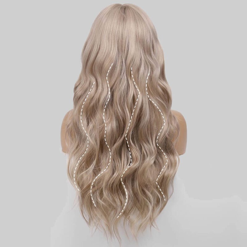 long light ash blonde wave lace front wig with curtain bangs