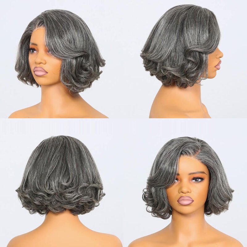 bob wave salt and pepper human hair lace front wig