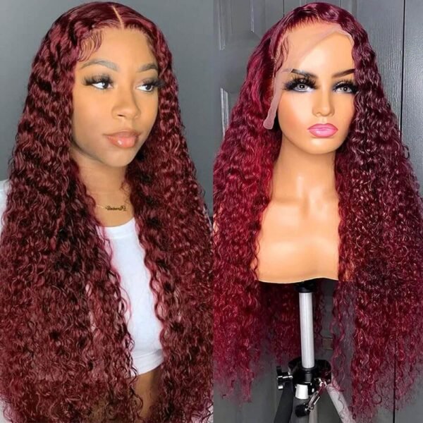 long burgundy deep wave human hair lace front wig