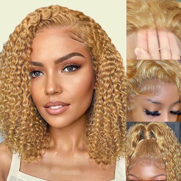 short deep curl honey blonde human hair lace front wigs