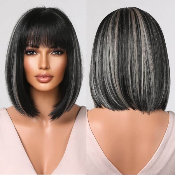 short black with grey highlight salt and pepper wig with bangs